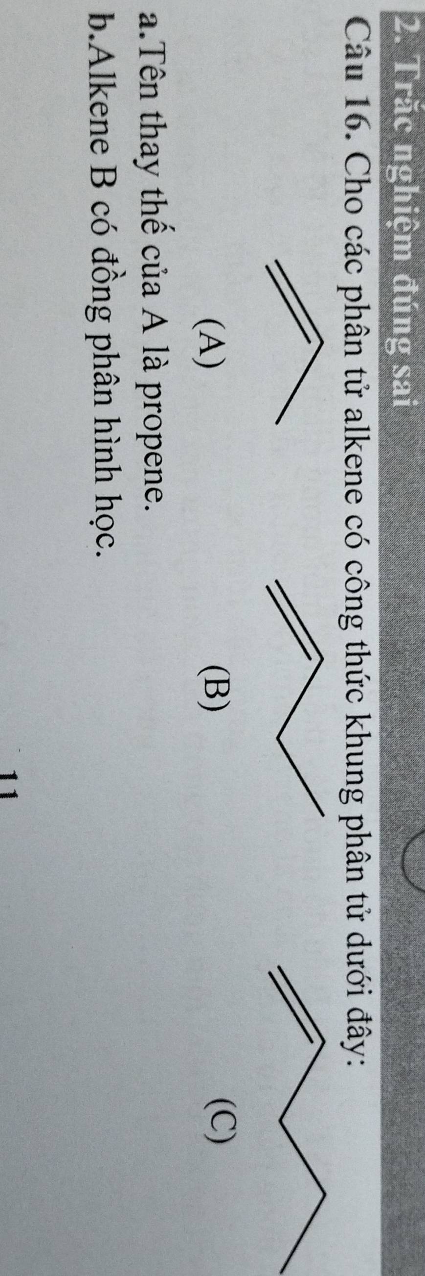 Trăc nghiệm đúng sai 
Câu 16. Cho các phân tử alkene có công thức khung phân tử dưới đây: 
(A) (B) 
(C) 
a.Tên thay thể của A là propene. 
b.Alkene B có đồng phân hình học. 
11