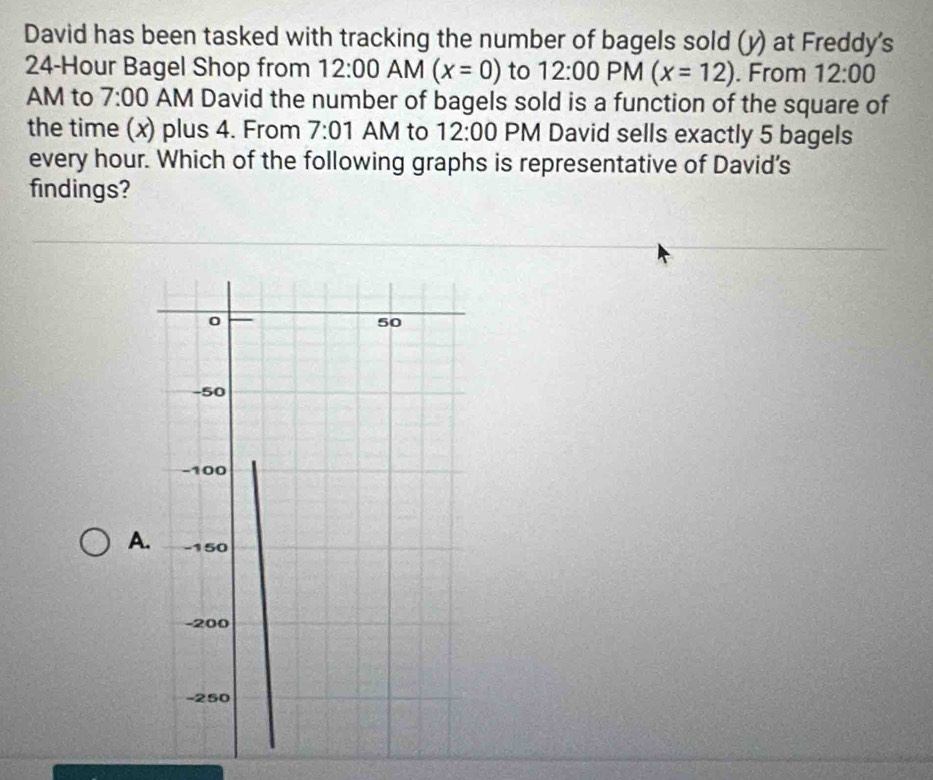 David has been tasked with tracking the number of bagels sold (y) at Freddy's
24-Hour Bagel Shop from 12:00 AM (x=0) to 12:00 PM (x=12). From 12:00 
AM to 7:00 AM David the number of bagels sold is a function of the square of 
the time (x) plus 4. From 7:01 AM to 12:00 PM David sells exactly 5 bagels 
every hour. Which of the following graphs is representative of David’s 
findings? 
A