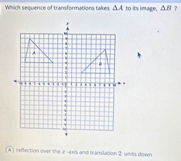 Which sequence of transformations takes △ A to its image, △ B ？
(A)reflection over the x -axis and translation 2 units down