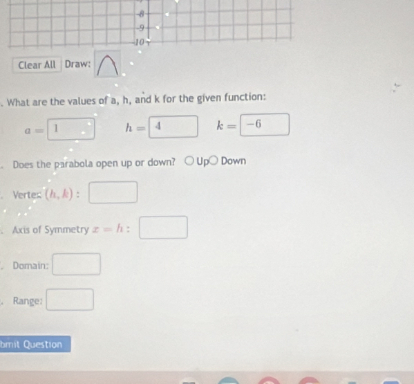 Clear All Draw: 
. What are the values of a, h, and k for the given function:
a=1 h=4 k=-6 □ 
.Does the parabola open up or down? DC Down 
Vertes (h,k):□. Axis of Symmetry x=h:□
, Domain: □ 
. Range: □ 
bmit Question