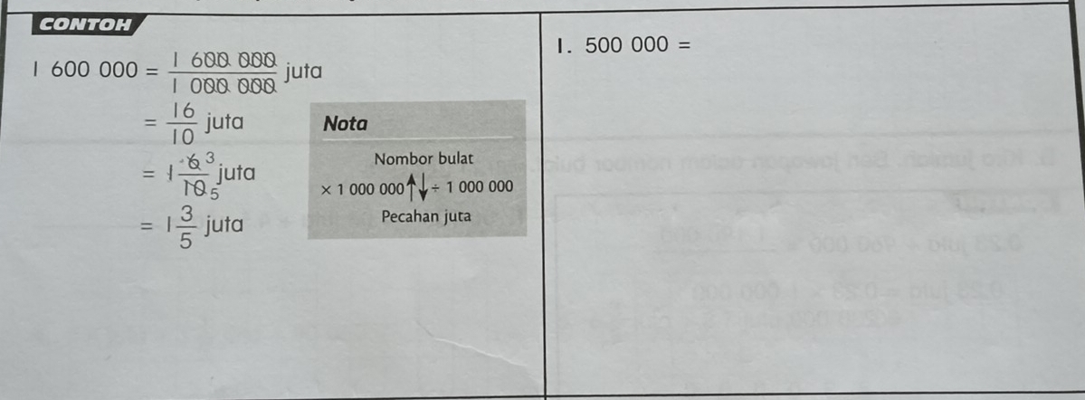 contoh 
1. 500000=
1600000= 1600000/1000000  juta
= 16/10 juta Nota 
Nombor bulat
=1 6^3/10 juta * 10000001downarrow / 1000000
=1 3/5 juta
Pecahan juta