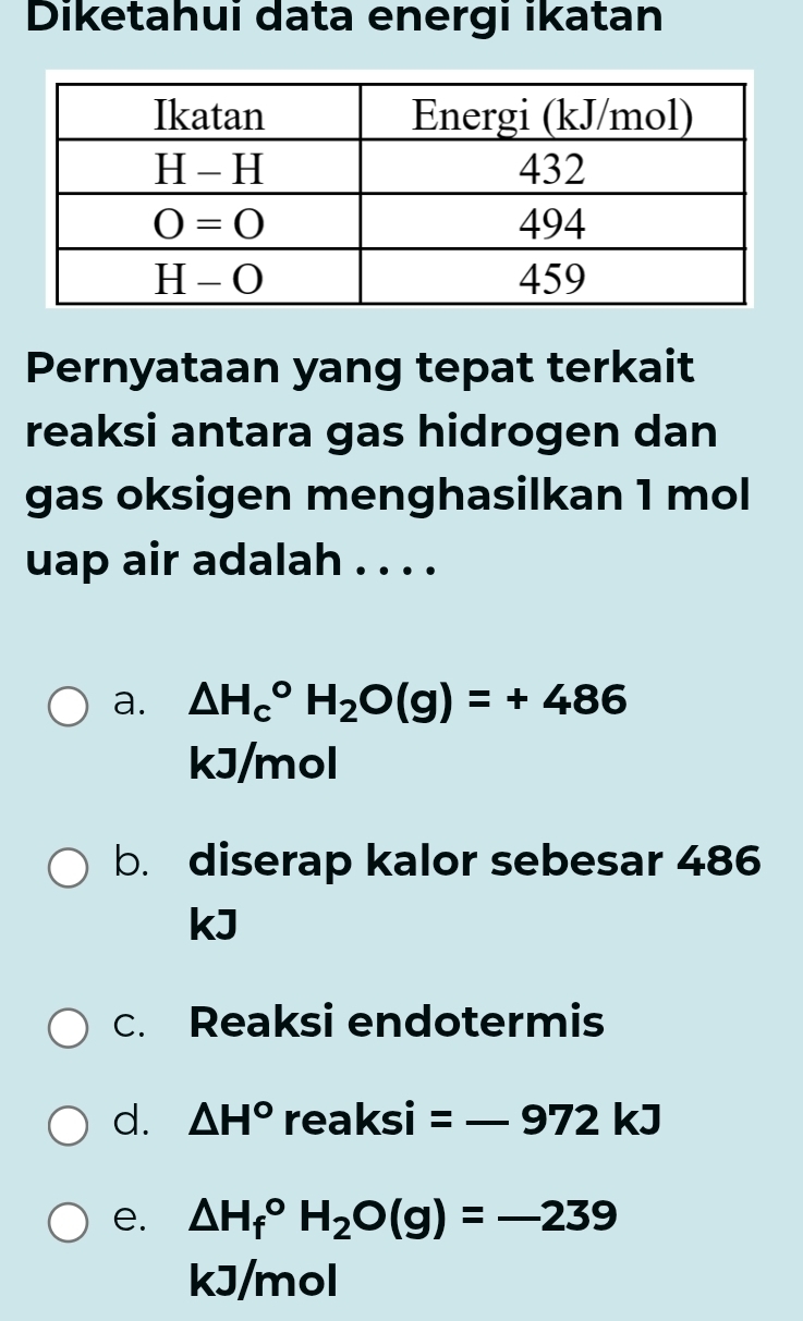 Diketahui data energi ikatan
Pernyataan yang tepat terkait
reaksi antara gas hidrogen dan
gas oksigen menghasilkan 1 mol
uap air adalah . . . .
a. △ H_c^((circ)H_2)O(g)=+486
kJ/mol
b. diserap kalor sebesar 486
kJ
c. Reaksi endotermis
d. △ H° reaksi =-972kJ
e. △ H_f^((circ)H_2)O(g)=-239
kJ/mol