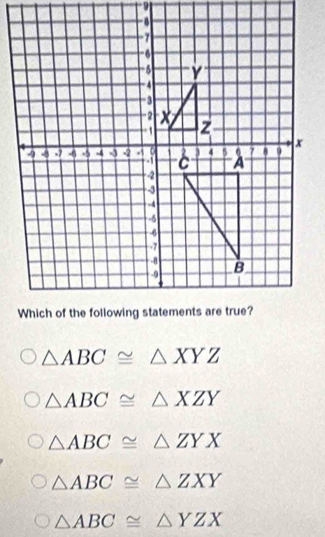 △ ABC≌ △ XYZ
△ ABC≌ △ XZY
△ ABC≌ △ ZYX
△ ABC≌ △ ZXY
△ ABC≌ △ YZX