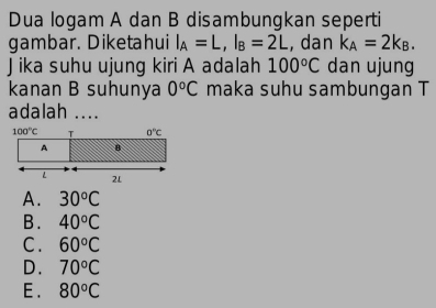 Dua logam A dan B disambungkan seperti
gambar. Diketahui I_A=L,I_B=2L , dan k_A=2k_B.
J ika suhu ujung kiri A adalah 100°C dan ujung
kanan B suhunya 0°C maka suhu sambungan T
adalah  ..
A. 30^oC
B. 40°C
C. 60°C
D. 70°C
E. 80^oC