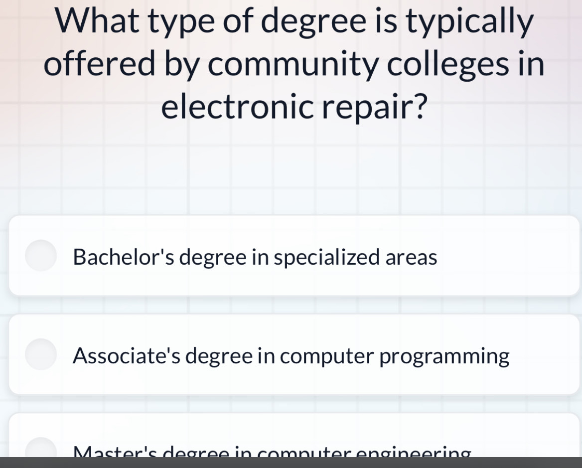 What type of degree is typically
offered by community colleges in
electronic repair?
Bachelor's degree in specialized areas
Associate's degree in computer programming
Master's degree in computer engineering