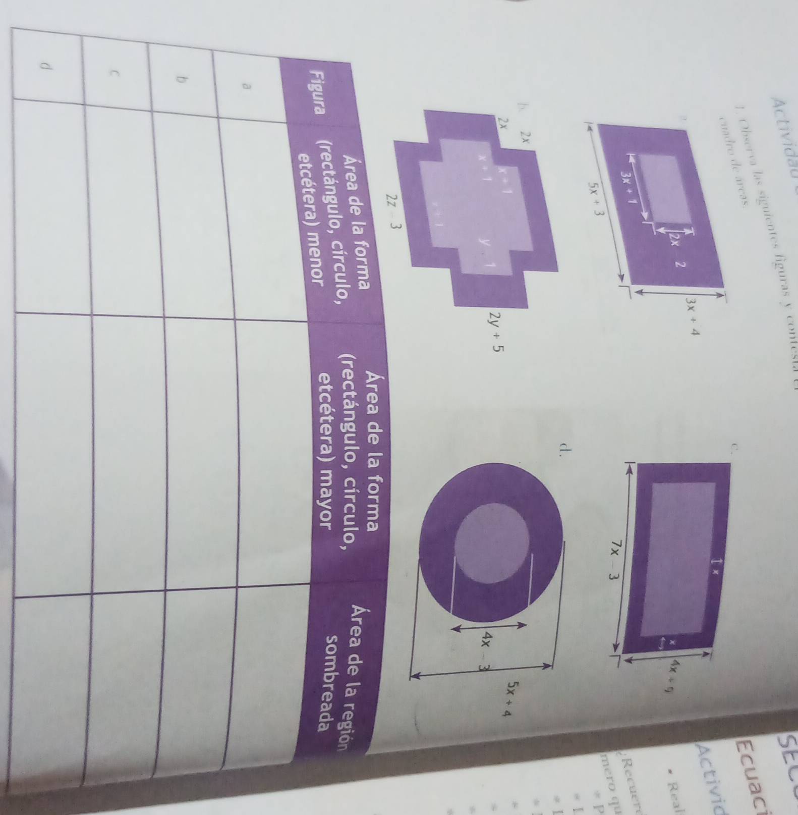 Actividau SEC
1. Observa las siguientes figuras y contesta
e árcas.
Ecuaci
Activia
Real
;Recuere
mero qu
≌ P
=1
d.
,1
b. 2x
2x
5x+4
Y. 2y+5
4x-3