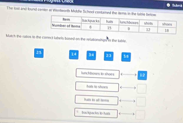 Submit
The lost and found center at Wentworth Middle School contained the items
Match the ratios to the correct labels based on the relationships in the table.
2:5 14 3:4 2:3 5:6
lunchboxes to shoes 1:2
hats to shoes (
hats to all items
backpacks to hats