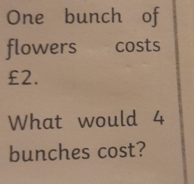 One bunch of 
flowers costs
£2. 
What would 4
bunches cost?