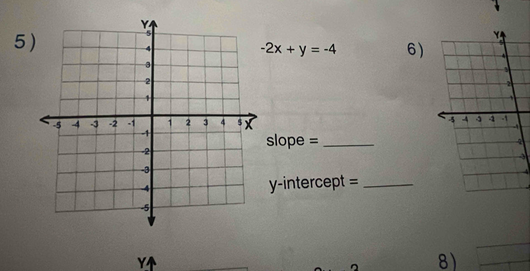 5
-2x+y=-4
6) 
slope = _ 
3 
y-intercept =_
Y
8)