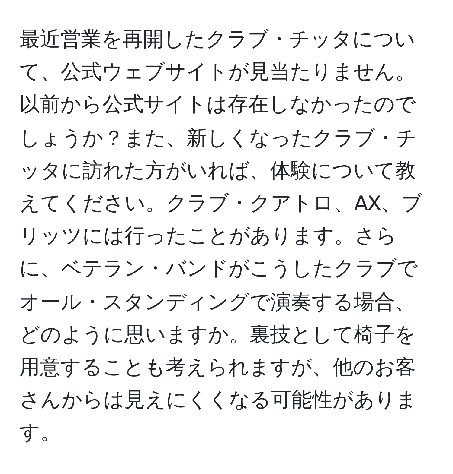 最近営業を再開したクラブ・チッタについて、公式ウェブサイトが見当たりません。以前から公式サイトは存在しなかったのでしょうか？また、新しくなったクラブ・チッタに訪れた方がいれば、体験について教えてください。クラブ・クアトロ、AX、ブリッツには行ったことがあります。さらに、ベテラン・バンドがこうしたクラブでオール・スタンディングで演奏する場合、どのように思いますか。裏技として椅子を用意することも考えられますが、他のお客さんからは見えにくくなる可能性があります。