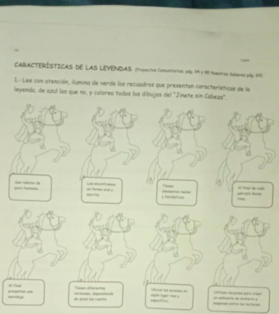 CARACTERÍSTICAS dE LAS LEYENDAS (Proyectos Comunitorios. pág. 94 y 98 Nuestros Soberes pág. 64) 
1.- Lee con atención, ilumina de verde los recuadros que presentan características de la 
leyendo, de azul los que no, y colorea t 
A 
pr 
rBageno eutra los lectores