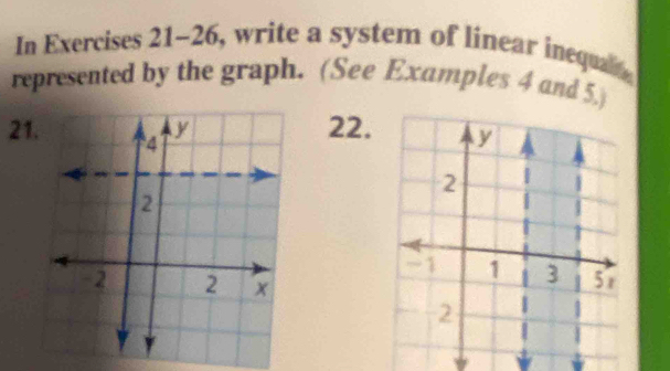 In Exercises 21-26, write a system of linear inequat 
represented by the graph. (See Examples 4 and 5) 
2122.