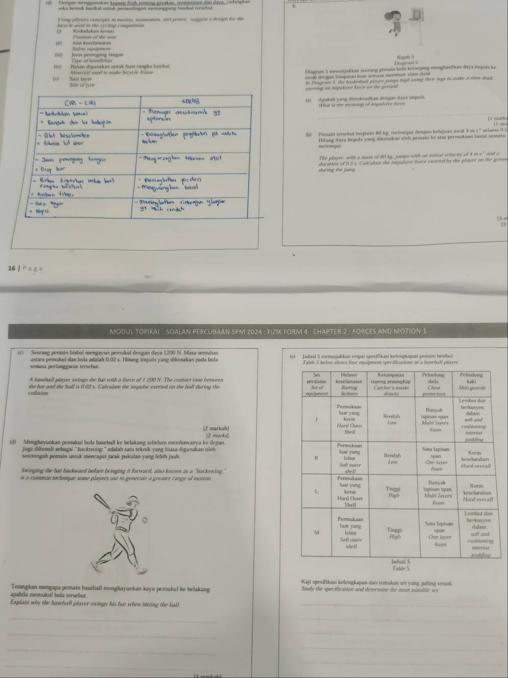 Dennan mengrunakan konsep fizik tentang gerakan, momentum dan daya, cadangkan
roka bentuk basikal untuk pertandingan menunggang hasikal tersebut 
6
Using physics concepts in motion, momennm, and power, suggest a design for the
bicycle used in the cycling competition 
Kedudukan kerui
Position of the sear
(ii) Alat keselamatan
Salets équipment
(iii) Jenis pemegang tangan
(Iv) Bahan digunakan untuk buat rangka basikai Diagram 5 Rajah 5
Material used to make bicycle frame
Diagram 5 menunjukkan seorang pemainı bola keranjang menghasiikan daya impuis ke
tanah dengan lompatan kuar semasa membuat slam dunk
(v) Saiz tayar
Size of tyre
In Diagram 5, the basketball plaver jumps high osing their legs to make a slam dunk
exerting an impulsive force on the ground 
(a) Apakah yang dimaksudkan dengan daya impuis
What is the meaning of impulsive force
_
1 1 erias
(b) Pemain tersebut berjisim 80 kg. melompat dengan kelajuan awal 4 m v ' selama 0.5
Hitung daya impuls yang dikenakan oleh pemain ke atas permukaan lantai semasa
The player, with a mass of 80 kg, jumps with an iitial velocity of 4 m s and a
duration of 0.5 s. Calculate the impulsive force exerted by the player on the groun
during the jump
3 m
53
16 |
MODUL TOPIKAL : SOALAN PERCUBAAN SPM 2024 : FIZIK FORM 4 : CHAPTER 2 : FORCES AND MOTION 1
(c) Seorang pemain bisbol mengayun pemukul dengan daya 1200 N. Masa sentuhan (e) Jadual 5 menuajukkan empat spesifikasi kelengkapan pemain bestbol
antara pemukul dan bola adalah 0.02 s. Hitung impuls yang dikenakan pada bola
semasa perlanggaran tersebut. Table 5 below shows four equipment specifications of a baseball player
A baseball player swings the bat with a force of 1 200 N. The contact time between 
the bat and the ball is 0.02 s. Calculate the impulse exerted on the ball during the 
collision 
[2 markah] 
[2 marks]
(d) Menghayunkan pemukul bola baseball ke belakang sebelum membawanya ke depan.
juga dikenali sebagai "backswing," adalah satu teknik yang biasa digunakan oleh 
sesetengah pemain untuk mencapai jarak pukulan yang lebih jauh. 
Swinging the bat backward before bringing it forward, also known as a "backswing." 
is a common technique some players use to generate a greater range of motion. 
Table 5
Kaji spesifikasi kelengkapan dan tentukan set yang paling sesuai
Terangkan mengapa pemain baseball menghayunkan kayu pemukul ke belakang Study the specification and determine the most suitable set
apabila memukul bola tersebut
Explain why the baseball player swings his bat when hitting the ball_
_
_
_
_
_
_
_
_