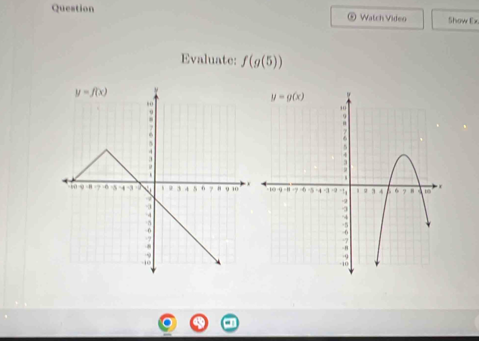 Question Watch Video Show Ex
Evaluate: f(g(5))