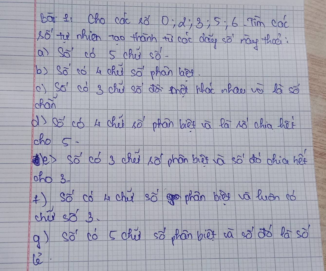 bā Zicho các 2ǒ o; d; 3; 5. 6 Tim cQc
80^(-1) to nhien Tao thānn tù cài dág sò náng thc 
a) So ¢ó S chú sǒ- 
b) sā có A che so phàn bè. 
() So cò 3 chú sō dò zhōi mai nháo vǒ là sǒ 
chan 
d sǒ có L chéb xō phān bièf iā lá lō chia hēi 
cho s. 
e sǒ có 3 chéi hō chán bèi ā só dò ohica he 
oho 3
() Sǒ có Lchúi sō phān biēg va luán ed 
chú sǒ 3. 
g) sǒ có schu sǒ phán biē vā sǒǎo Pá sò 
(.