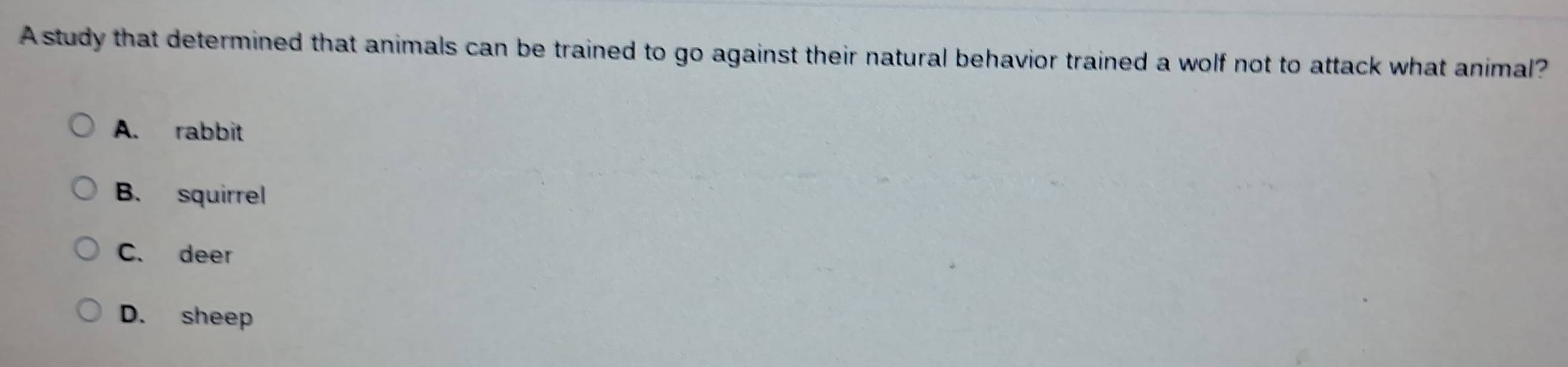 A study that determined that animals can be trained to go against their natural behavior trained a wolf not to attack what animal?
A. rabbit
B. squirrel
C. deer
D. sheep