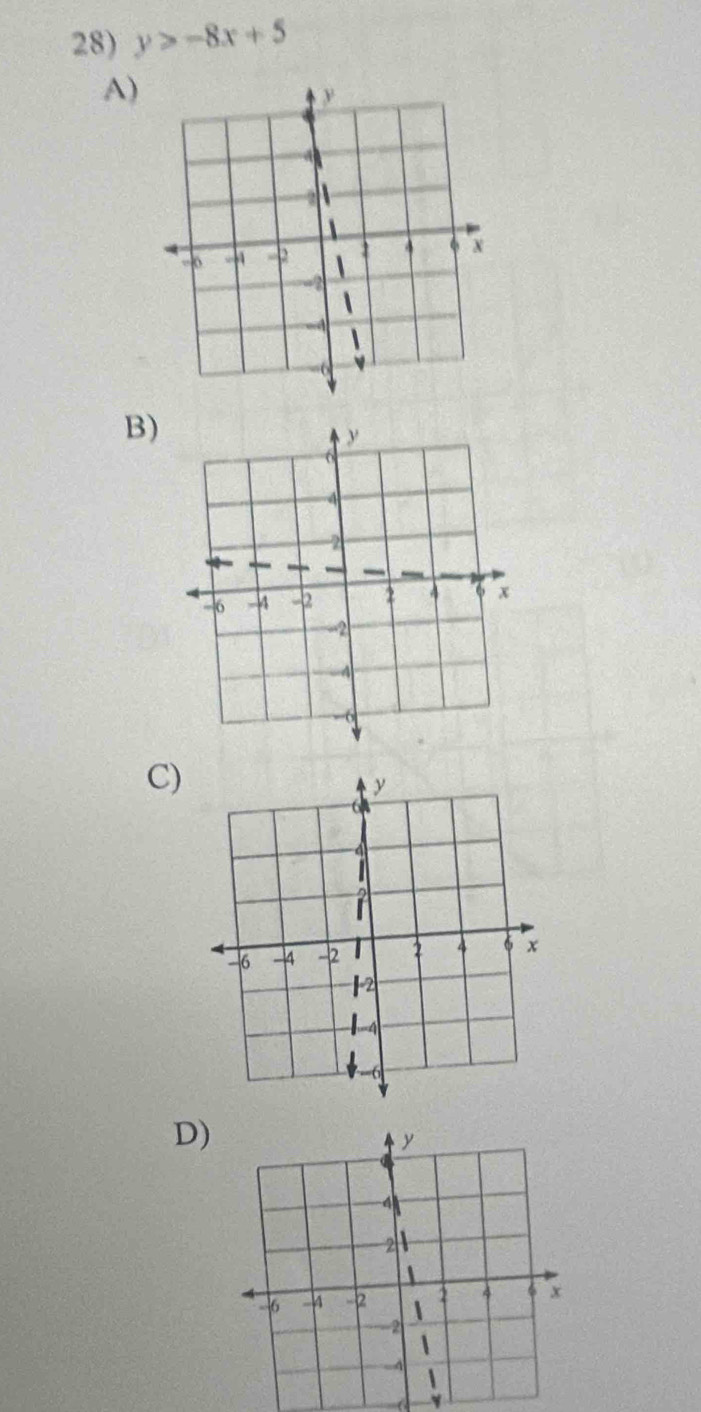 y>-8x+5
A) 
B) 
C)
y
6
i
-6 -4 -2 2 4 6 x
1 -2
−4

D) 
、