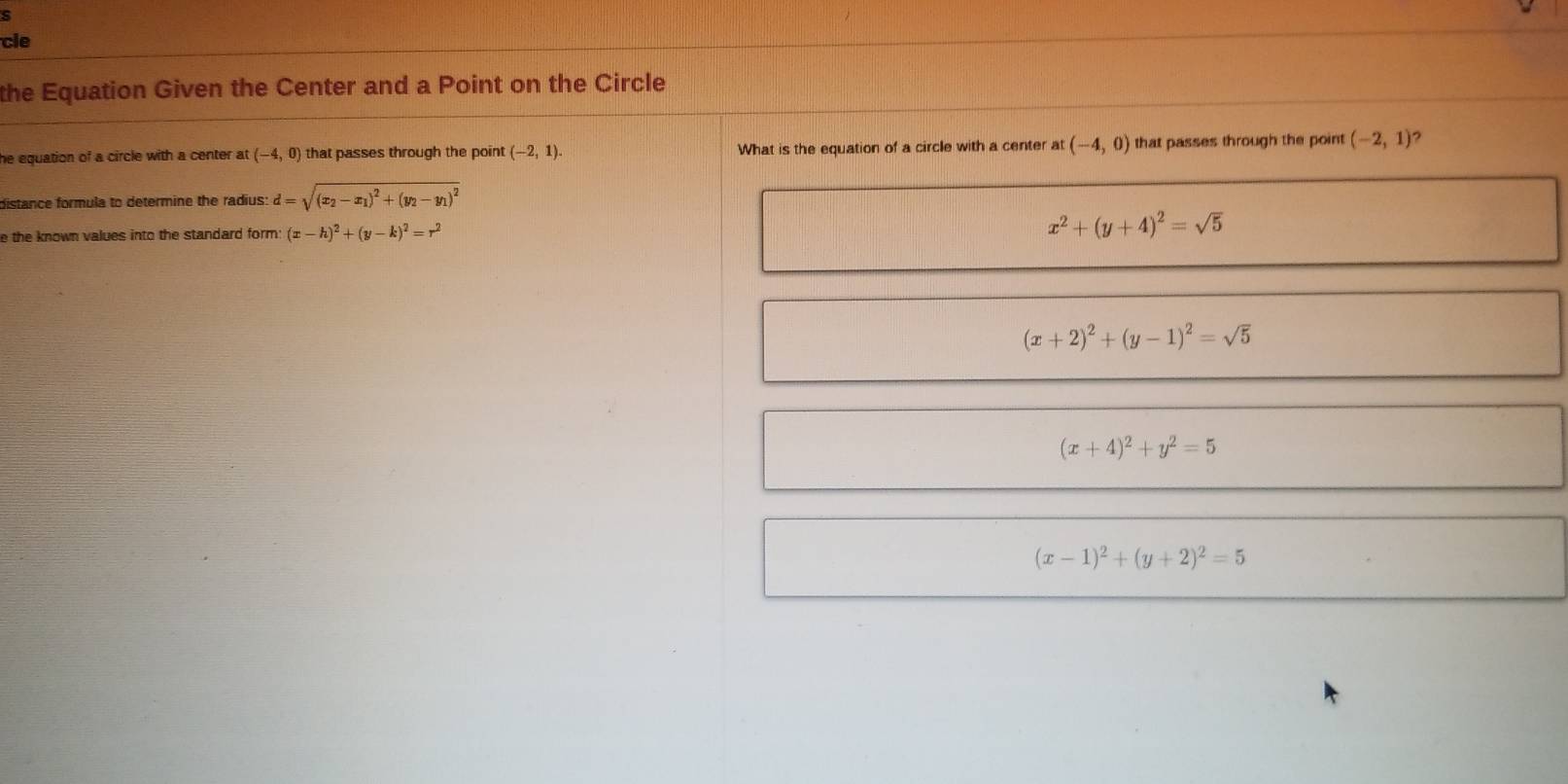 Solved: cle the Equation Given the Center and a Point on the Circle he ...