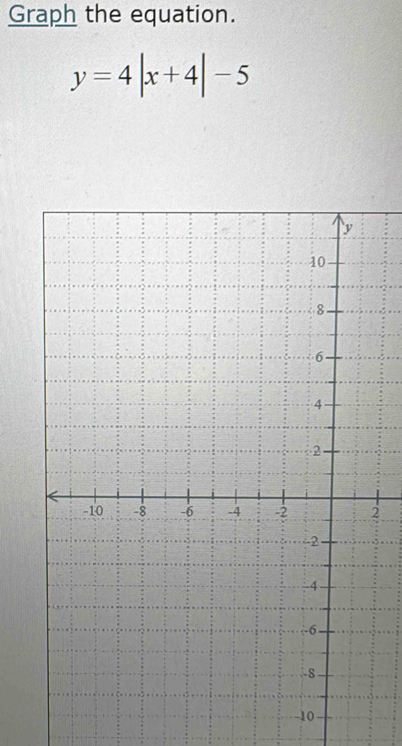 Graph the equation.
y=4|x+4|-5
2