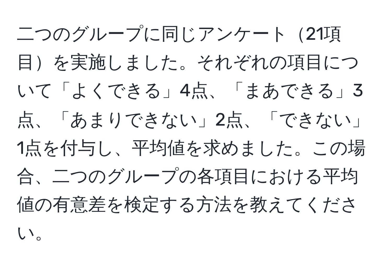 二つのグループに同じアンケート21項目を実施しました。それぞれの項目について「よくできる」4点、「まあできる」3点、「あまりできない」2点、「できない」1点を付与し、平均値を求めました。この場合、二つのグループの各項目における平均値の有意差を検定する方法を教えてください。