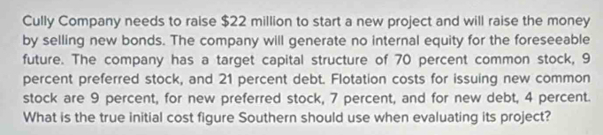 Cully Company needs to raise $22 million to start a new project and will raise the money 
by selling new bonds. The company will generate no internal equity for the foreseeable 
future. The company has a target capital structure of 70 percent common stock, 9
percent preferred stock, and 21 percent debt. Flotation costs for issuing new common 
stock are 9 percent, for new preferred stock, 7 percent, and for new debt, 4 percent. 
What is the true initial cost figure Southern should use when evaluating its project?