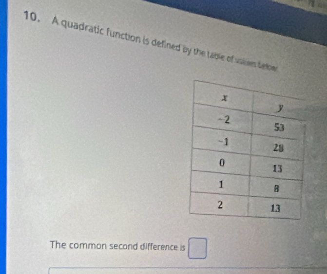 A quadratic function is defined by the table of valnes belon 
The common second difference is □