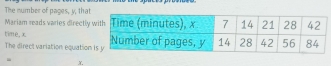 The number of paces, y, that 
Mariam reads varies directly 
time, x
The direct variation equation
x