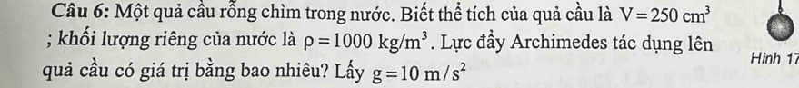 Một quả cầu rỗng chìm trong nước. Biết thể tích của quả cầu là V=250cm^3; khối lượng riêng của nước là rho =1000kg/m^3. Lực đẩy Archimedes tác dụng lên Hình 17 
quả cầu có giá trị bằng bao nhiêu? Lấy g=10m/s^2