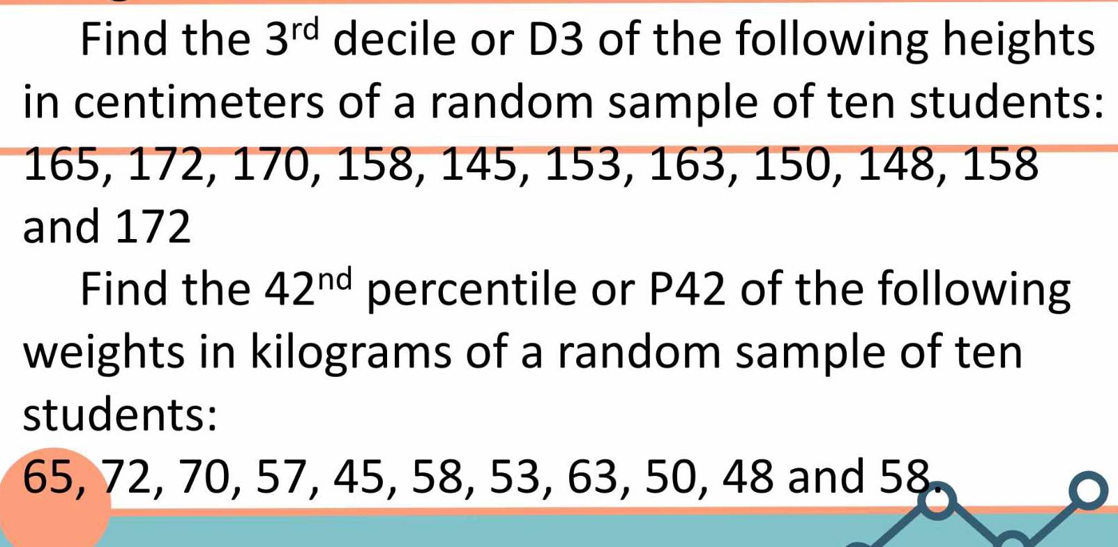 Find the 3^(rd) decile or D3 of the following heights 
in centimeters of a random sample of ten students:
165, 172, 170, 158, 145, 153, 163, 150, 148, 158
and 172
Find the 42^(nd) percentile or P42 of the following 
weights in kilograms of a random sample of ten 
students:
65, 72, 70, 57, 45, 58, 53, 63, 50, 48 and 58