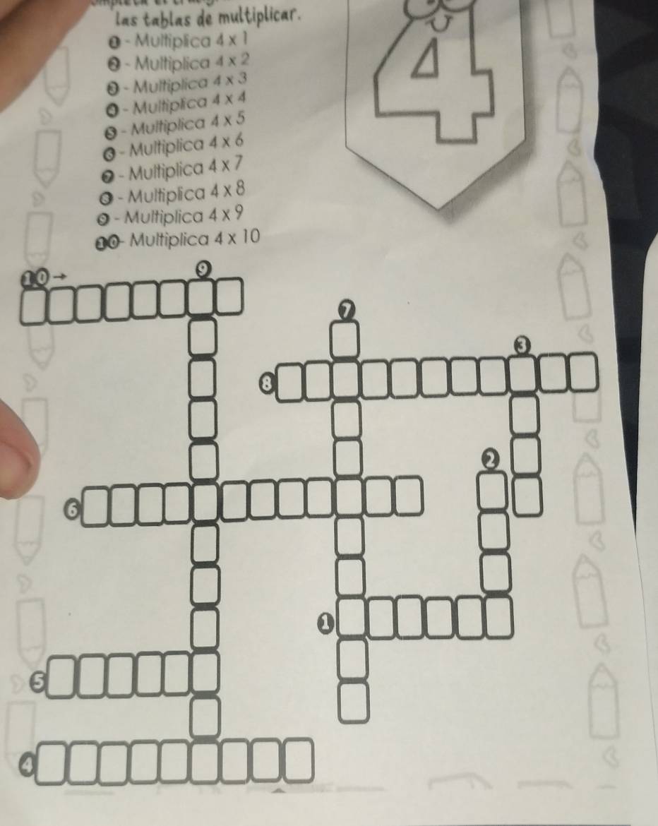 las tablas de multiplicar. 
0 - Multiplica 4* 1
0 - Multiplica 4* 2
0 - Multiplica 4* 3
0 - Multiplica 4* 4
0 - Multiplica 4* 5
0 - Multiplica 4* 6
● - Multiplica 4* 7
0 - Multiplica 4* 8
0 - Multiplica 4* 9
Multiplica 4* 10