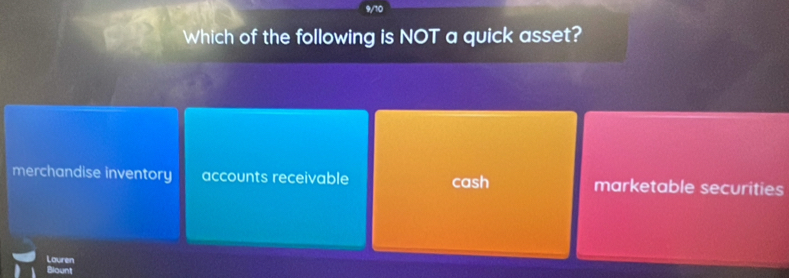 Which of the following is NOT a quick asset?
merchandise inventory accounts receivable cash marketable securities
Louren
Blount