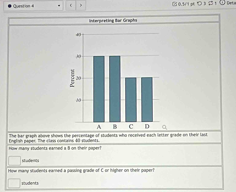 つ 3 2 1 Deta 
Interpreting Bar Graphs 
The bar graph above shows the percentage of students who received each letter grade on their last 
English paper. The class contains 40 students. 
How many students earned a B on their paper? 
students 
How many students earned a passing grade of C or higher on their paper? 
students