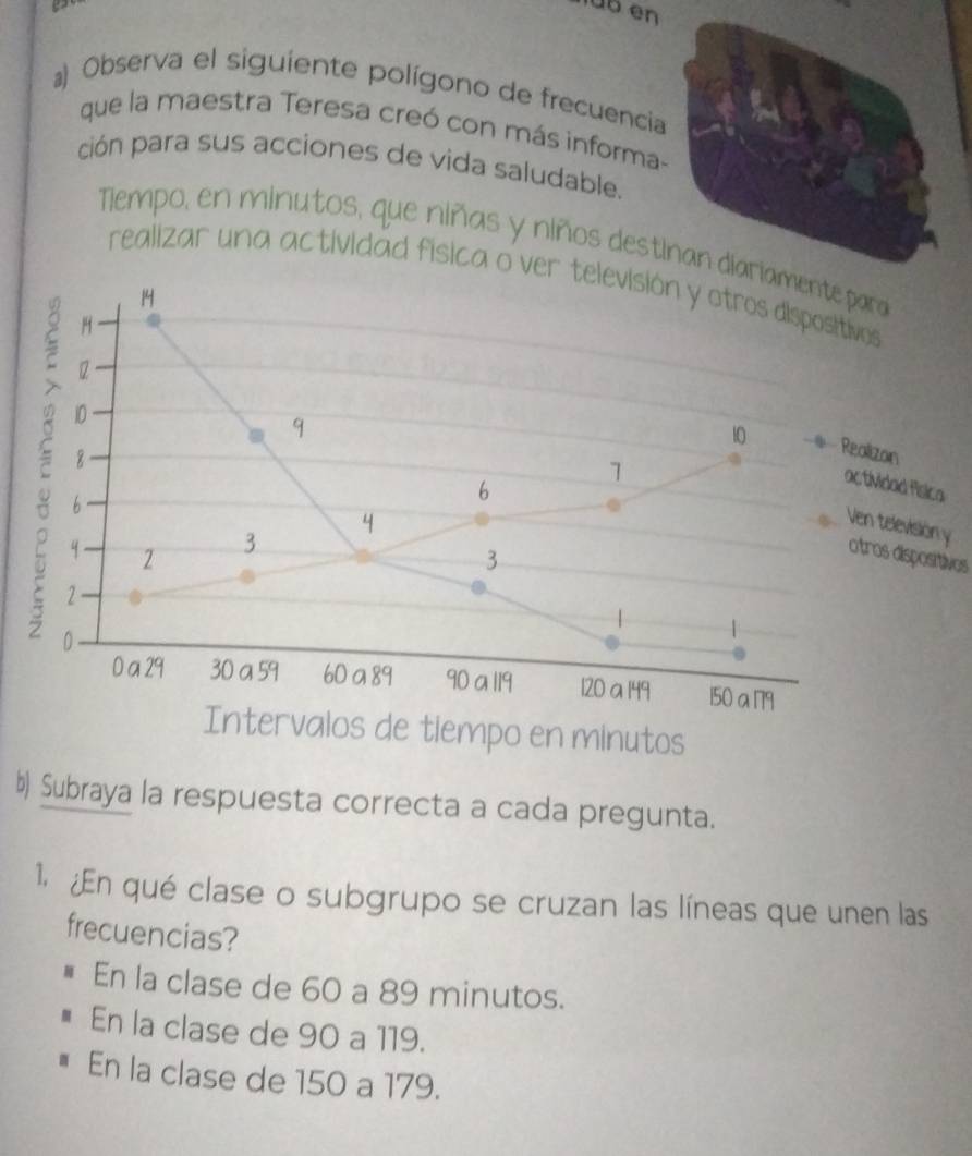 füb en
a) Observa el siguiente polígono de frecuencia
que la maestra Teresa creó con más informa,
ción para sus acciones de vida saludable.
Tiempo, en minutos, que niñas y niños destnte para
realizar una actividad física o ver televisión y otros dispositivos
14
H
2
10
1
10 -= - Realizon
7 8
1
b
6
actividad flsica
4
4 2
3
Ven television y otros dispositivos
3
2
: 0
0 a 29 30 a 59 60 a 89 90 a 119 120 a 149 150 a 179
Intervalos de tiempo en minutos
b) Subraya la respuesta correcta a cada pregunta.
1. ¿En qué clase o subgrupo se cruzan las líneas que unen las
frecuencias?
# En la clase de 60 a 89 minutos.
En la clase de 90 a 119.
En la clase de 150 a 179.