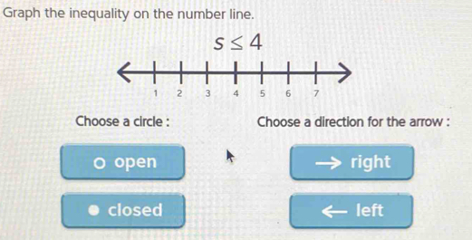 Graph the inequality on the number line.
s≤ 4
Choose a circle : Choose a direction for the arrow :
open right
closed left