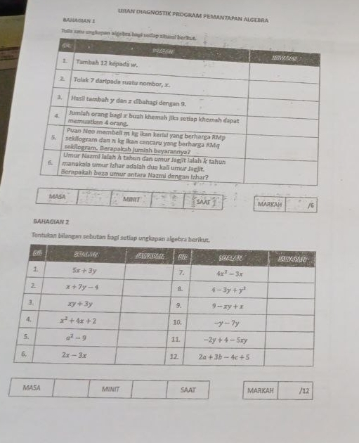 LIIIAN DIAGNOSTIK PROGRAM PEMAN TAPAN ALGEBRA
Tulls sau u
MASA MINIT MARKAH /6
SAAT I
BAHAGIAN 2
Tentukan bilangan sebutan bagl setlap ungkapan algebra beri
MASA MINIT SAAT MARKAH /12