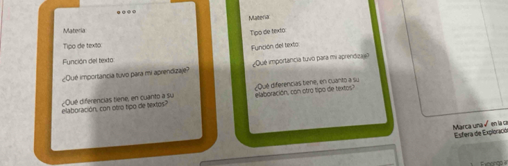 Materia 
Materia 
Tipo de texto: 
Tipo de texto: 
Función del texto: 
Función del texto 
¿Qué importancia tuvo para mi aprendizaje? ¿Qué importancia tuvo para mi aprendizaje? 
¿Oué diferencias tiene, en cuanto a su ¿Qué diferencias tiene, en cuanto a su 
elaboración, con otro tipo de textos? elaboración, con otro tipo de textos 
Marca una √ en la ca 
Esfera de Exploració