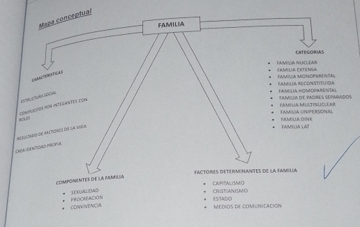 Mapa conceptual
FAMILIA
CatEGoRIAS
FAMYLia NuCléaR FAMILUA EXTENSA
CHRACTERISTICAS
FAMILIA MONOPARENTAL
FAMILIA RECONSTITUI
FAM/Lia dE PAdrEs SEparaDOS Família HOmoparental
compuESTos POR iNtEgANTES coN EstrUCTUR SOcial
FAMIlia MULtInUCLEAR FAMILIA UNIPERSONAL
FAMILLA DINK
RESUETDO DE KALTORES OF LA VIM
FAMILIA LAT
CREA IDENTIDAO PROPIA
FACTORES DETER:MINANTES dE LA FAMILiA
COMPONENTES DE LA FAMILIA
CAPITALISMO
SEXUALIDAD
CRISTIANISMO
PROCREACION
ESTADO
CONVIVENCIA
MEDIOS DE COMUNICACION