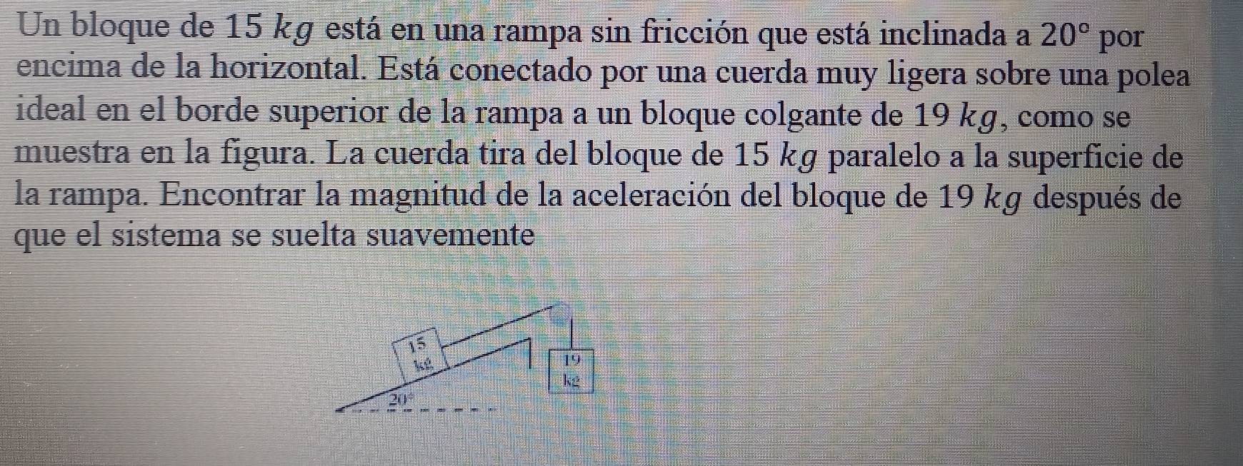 Un bloque de 15 kg está en una rampa sin fricción que está inclinada a 20° por
encima de la horizontal. Está conectado por una cuerda muy ligera sobre una polea
ideal en el borde superior de la rampa a un bloque colgante de 19 kg, como se
muestra en la figura. La cuerda tira del bloque de 15 kg paralelo a la superficie de
la rampa. Encontrar la magnitud de la aceleración del bloque de 19 kg después de
que el sistema se suelta suavemente