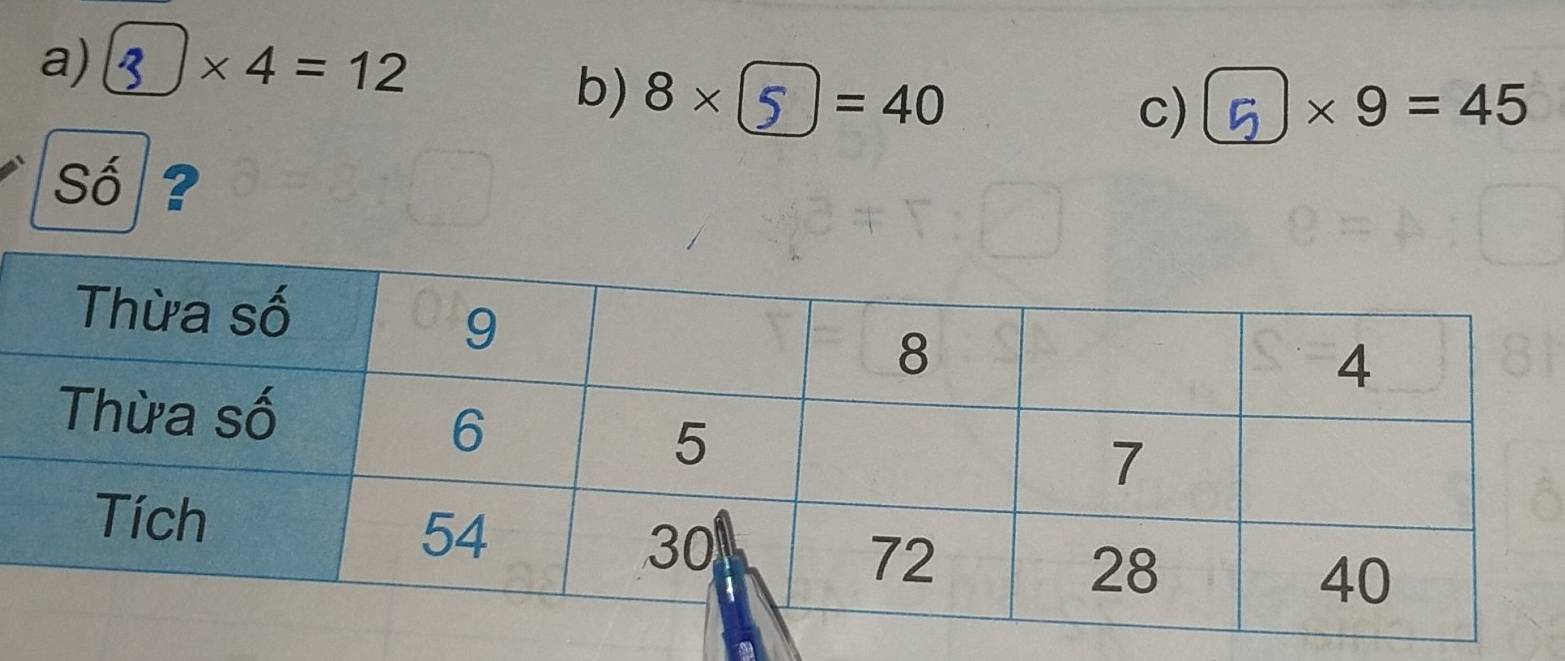 * 4=12
b) 8* =40
c)
* 9=45
Số ?