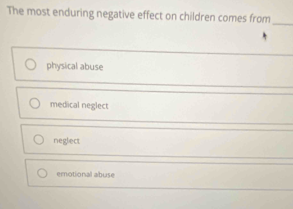 The most enduring negative effect on children comes from
_
_
physical abuse
_
medical neglect
neglect
emotional abuse