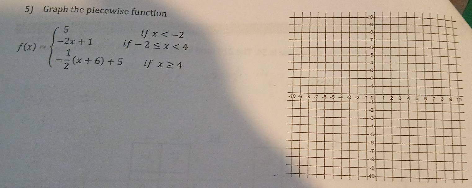 Graph the piecewise function
f(x)=beginarrayl 5ifx <4 - 1/2 (x+6)+5ifx≥ 4endarray.