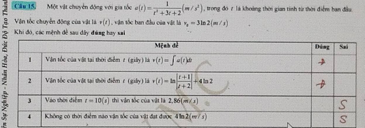 Một vật chuyển động với gia tốc a(t)= 1/t^3+3t+2 (m/s^2) , trong đỏ 7 là khoàng thời gian tinh từ thời điểm ban đầu
9  Vận tốc chuyển động của vật là v(t) , vận tốc ban đầu của vật là v_0=3ln 2(m/s)
Khi đó, các mệnh đề sau dây đúng hay sai