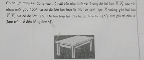 Có ba lực cùng tác động vào một cái bàn như hình vẽ. Trong đó hai lực overline F_1, overline F_2 tạo với 
nhau một góc 100° và có độ lớn lần lượt là 9N và 4N, lực vector F_3 vuông góc hai lực
vector F_1, vector F_2 và có độ lớn 7N. Độ lớn hợp lực của ba lực trên là a(N) , tìm giá trị của ư 
(làm tròn số đến hàng đơn vị).