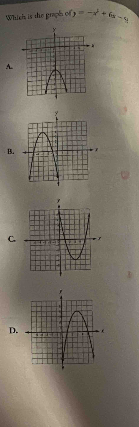 Which is the graph of y=-x^2+6x-5? 
A. 
B. 
C. 
D.