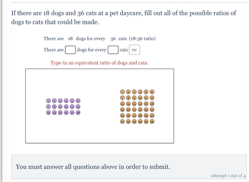 If there are 18 dogs and 36 cats at a pet daycare, fill out all of the possible ratios of 
dogs to cats that could be made. 
There are 18 dogs for every 36 cats (18:36 ratio) 
There are □ dogs for every □ cats try 
Type in an equivalent ratio of dogs and cats. 
You must answer all questions above in order to submit. 
attempt 1 out of 4