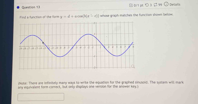 つ 3 $ 99 i Details 
Find a function of the form y=d+acos (b(x-c)) whose graph matches the function shown below. 
(Note: There are infinitely many ways to write the equation for the graphed sinusoid. The system will mark 
any equivalent form correct, but only displays one version for the answer key.)