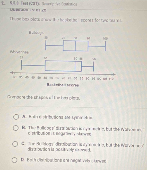 Test (CST): Descriptive Statistics
Question 19 or 25
These box plots show the basketball scores for two teams.
Compare the shapes of the box plots.
A. Both distributions are symmetric.
B. The Bulldogs’ distribution is symmetric, but the Wolverines’
distribution is negatively skewed.
C. The Bulldogs’ distribution is symmetric, but the Wolverines'
distribution is positively skewed.
D. Both distributions are negatively skewed.