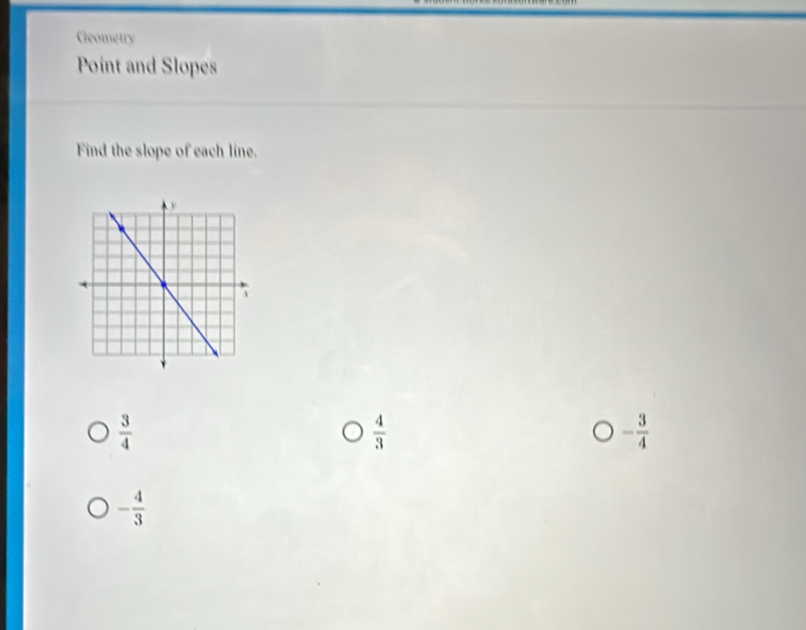 Geometry 
Point and Slopes 
Find the slope of each line.
 3/4 
 4/3 
- 3/4 
- 4/3 