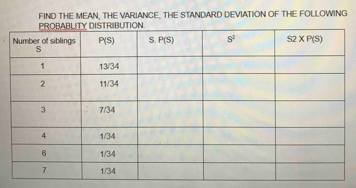 FIND THE MEAN, THE VARIANCE, THE STANDARD DEVIATION OF THE FOLLOWING