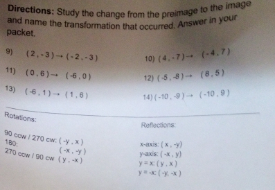 Directions: Study the change from the preimage to the image 
and name the transformation that occurred. Answer in your 
packet. 
9) (2,-3)to (-2,-3) 10) (4,-7)to (-4,7)
11) (0,6)to (-6,0) 12) (-5,-8)to (8,5)
13) (-6,1)to (1,6) 14) (-10,-9)to (-10,9)
Rotations: 
Reflections:
90 ccw / 270 cw: 
180: (-y,x) x-axis: (x,-y)
(-x,-y) y-axis: (-x,y)
270 ccw / 90 cw (y,-x) y=-x:(-y,-x)
y=x:(y,x)